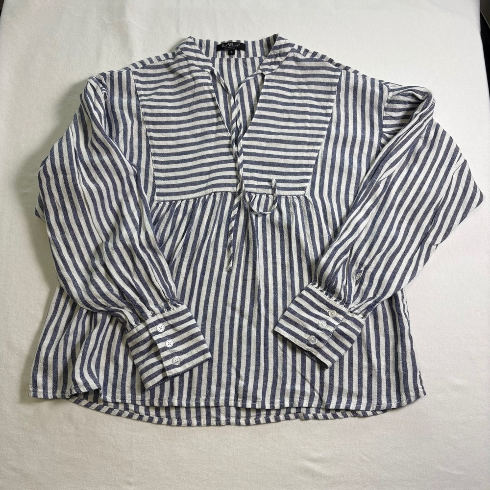 Velvet Heart, Blouse, S, Blue White, Striped Linen Blend Boho Top, MSRP $78